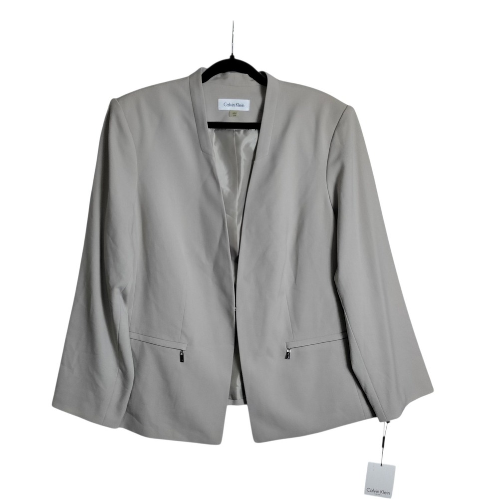 Calvin Klein Womens Open Front Collarless Blazer Gray Plus Size 22W Zip Pockets
